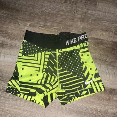 Nike Pro Girls Dri-FIT Biker Shorts S Green/Black Geometric Pull-On Stretch