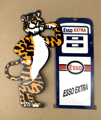 VINTAGE 14x12.5" ESSO EXTRA TIGER GASOLINE MOTOR OIL PUMP STATION PORCELAIN SIGN
