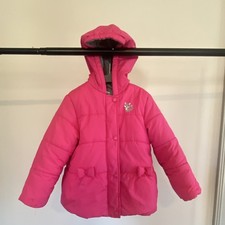 Girls' Pink Hooded Puffer Jacket, Bow Accents, Snap Closure, Long Sleeve, Winter