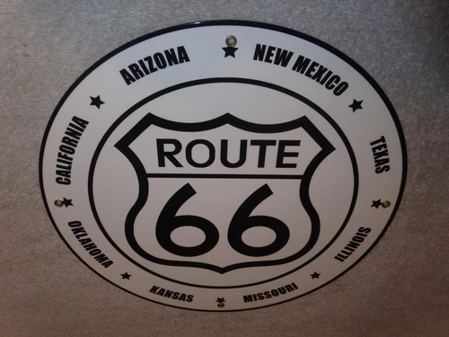 VINTAGE ROUTE 66 W/ 8 US STATES CALIFORNIA 11 3/4" PORCELAIN METAL GASOLINE SIGN