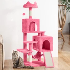 54" Cat Tree Tower, Multi-Level Play Condo with Scratching Posts & Hammock, Pink