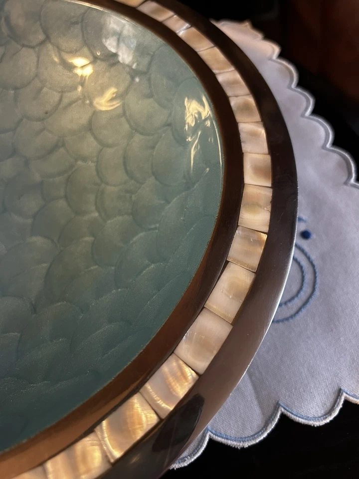 Julia Knight Bowl Sky Blue Enamel Thumbprint Mother Of Pearl Rim Inlay Signed - Image 3 of 4