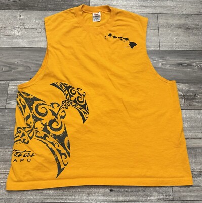 Vintage Hawaii Men s Tank Top Size 2XL Yellow Sacred Waters Manta Ray Waiapu 