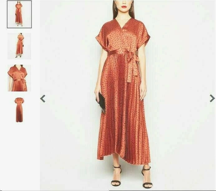NEW LOOK Rust Orange Satin Pleated Spot Polka Dot Midi Wrap Dress size 8 10