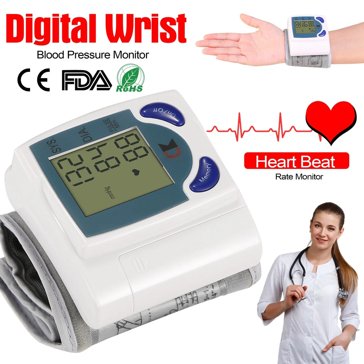 Automatic Digital Wrist Blood Pressure Monitor BP Cuff Machine Home Test  Device