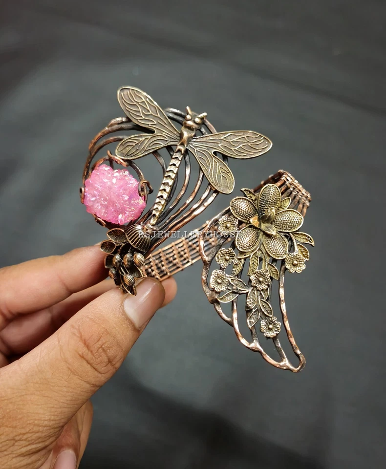 Brazalete Druzy de cuarzo rosa crudo envuelto en alambre joyería brazalete ajustable regalo Foto 3 de 4