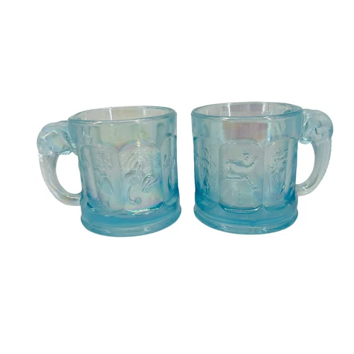 2 Imperial Carnival Glass Nursery Rhyme Cup Blue Iridescent Elephant Handle VTG