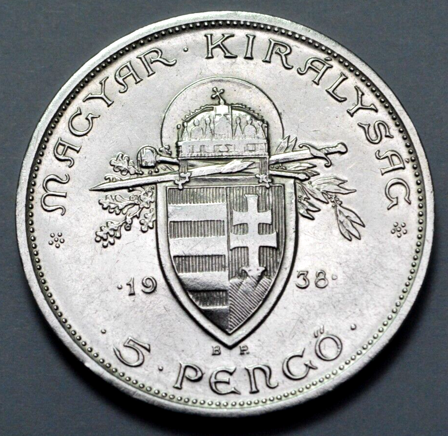 1938-B.P. HUNGARY 5 PENGO 900th Death of St.Stephen SILVER PL COIN