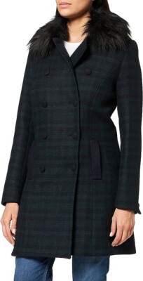 Naf Naf Women's, ASCHOOL VERT, Wool Green Check Fur Trim Coat. 12 UK
