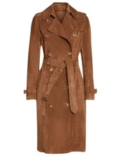 Handmade Classic Wear Italian Womens Brown Pure Suede Leather Trench Coat