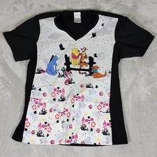 Disney Winnie the Pooh Scrub Top Womens S Black White Medical Nurse Doctor Tech