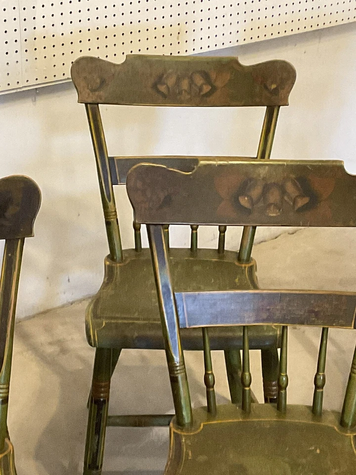 six green lancaster county plank seat paint decorated chairs - Image 4 of 4