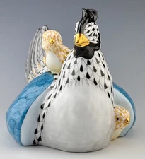 🦋 MINT HEREND HEN & 3 CHICKS Black Fishnet Bird Rooster Figurine ($810)