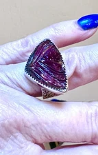 STUNNING Artisan Ornate Fine Silver & Carved Purple Tourmaline Wide Band Ring