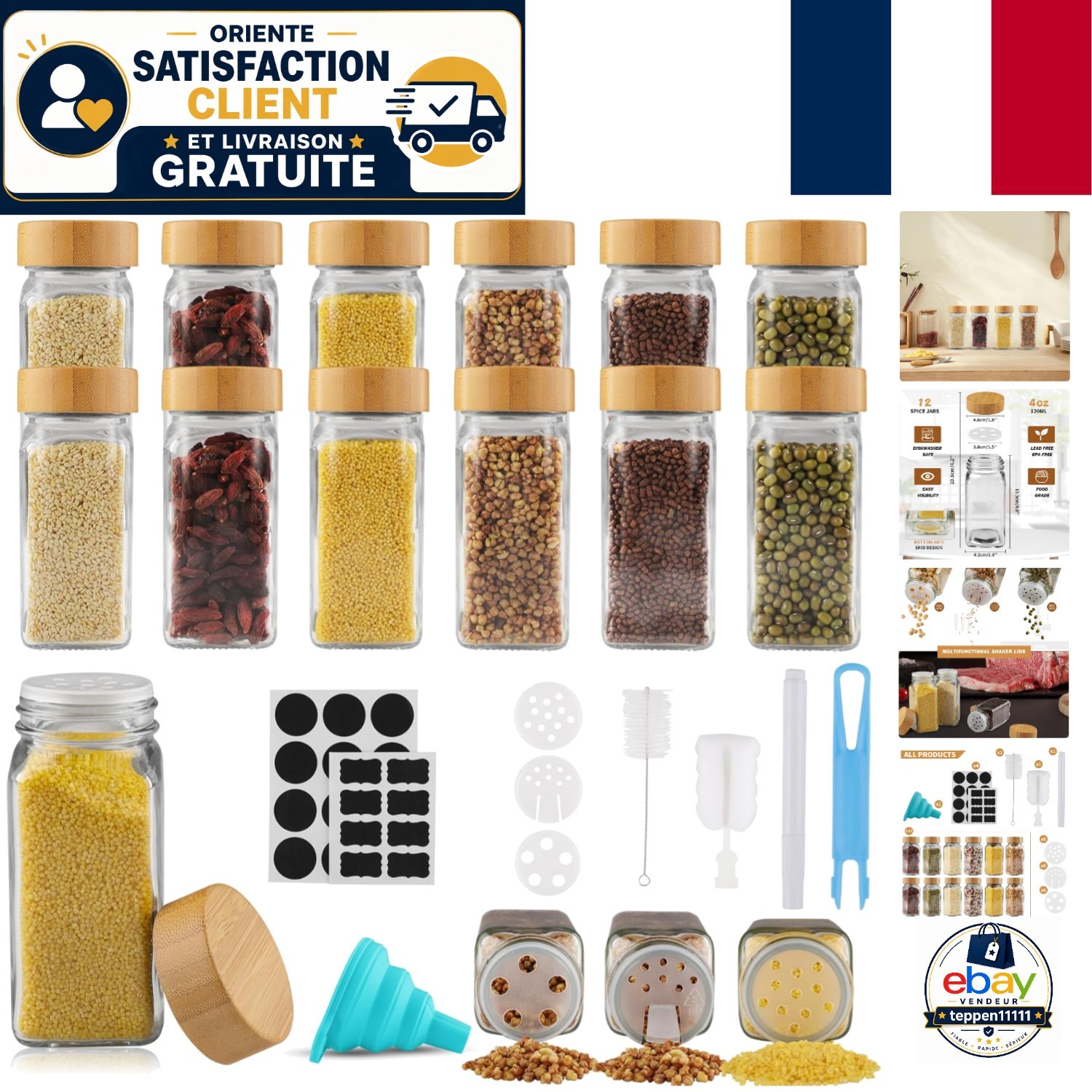 Pots à épices en verre 120ml avec couvercle bambou pour étagère et tiroir de cuisine