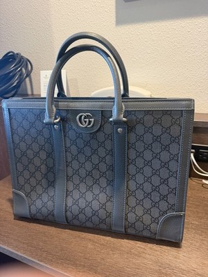 Gucci GG Logo Gray Zip Tote Bag Double Handles Inner Pockets Dust Bag