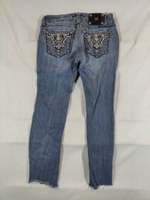 Miss Me Jeans Women's 29 Boot Cut Raw Hem Embellished Western Cowgirl Denim Blue