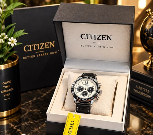 Citizen Men’s Luxury Chronograph Watch Cream Dial Black Leather Strap Quartz Gif