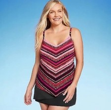 Women's UPF 50 V-Neck Angled Tankini Top- Aqua Green  Pink Striped Swim Tank XL