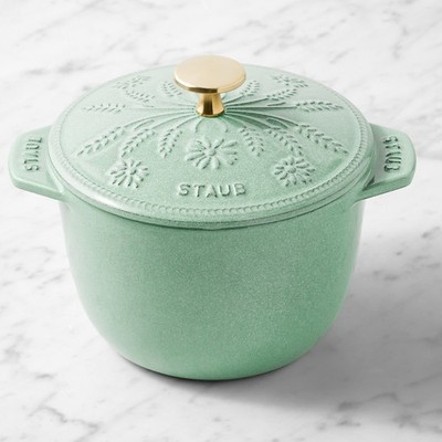 Staub 1.5 Qt Floral Petite French Oven Sage Enameled Cast Iron Cocotte Pot