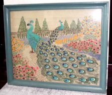 Vintage Framed Embroidery Picture of Peacocks 16 1/2 x 21"