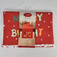 St Nicholas Square Merry and Bright Red Cotton Table Runner 13x72 Pom Pom Trim