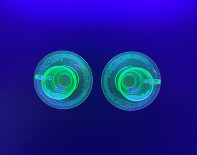 2 Green Uranium Glass Fostoria Vesper Demitasse or After Dinner Cups & Saucers