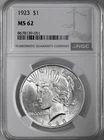 1923-P  $1 PEACE SILVER DOLLAR  "PHILADELPHIA MINT"  NGC MS62 #8678139-051