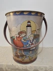 Ohio Art Tin Litho Reproduction Sand Pail  Retro Beach Scene Light House