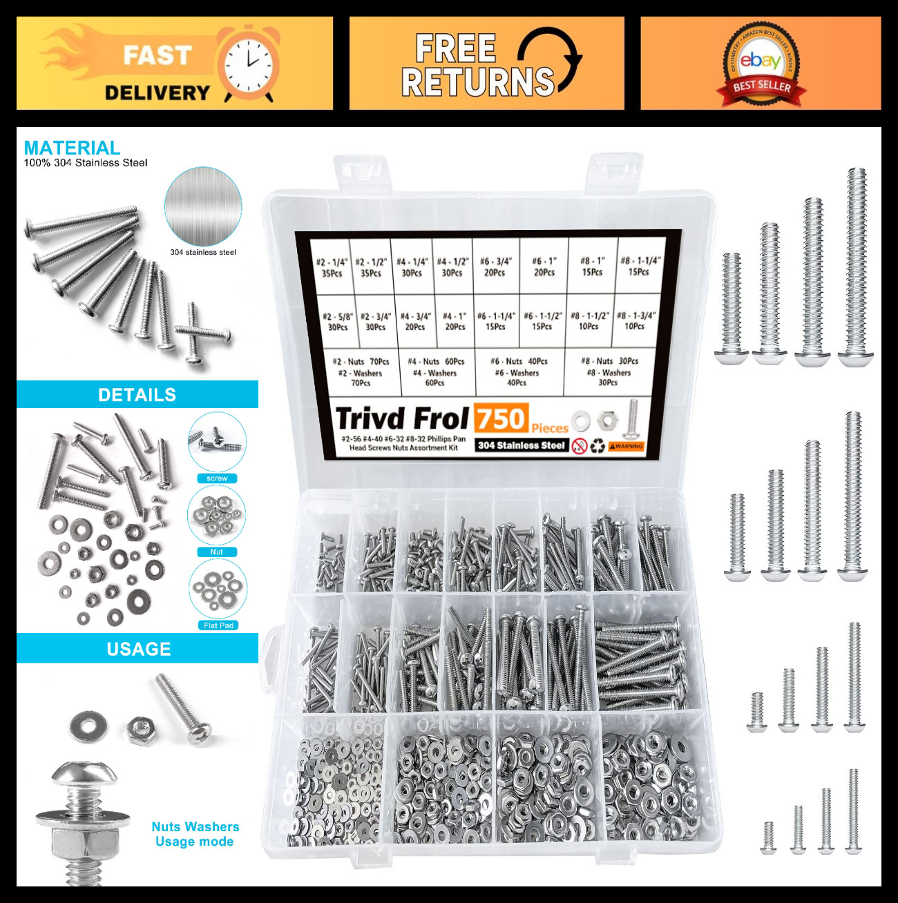 750PCS Machine Screws Assortment Kit - Stainless Steel Phillips Pan Head Nuts Bo