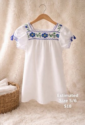 Girls White Embroidered Floral Square Neck Puff Sleeve A-Line Cotton Dress 5/6