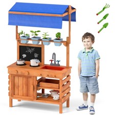 Mud Kitchen Wooden Pretend Play Kitchen w/ Height Adjustable Canopy