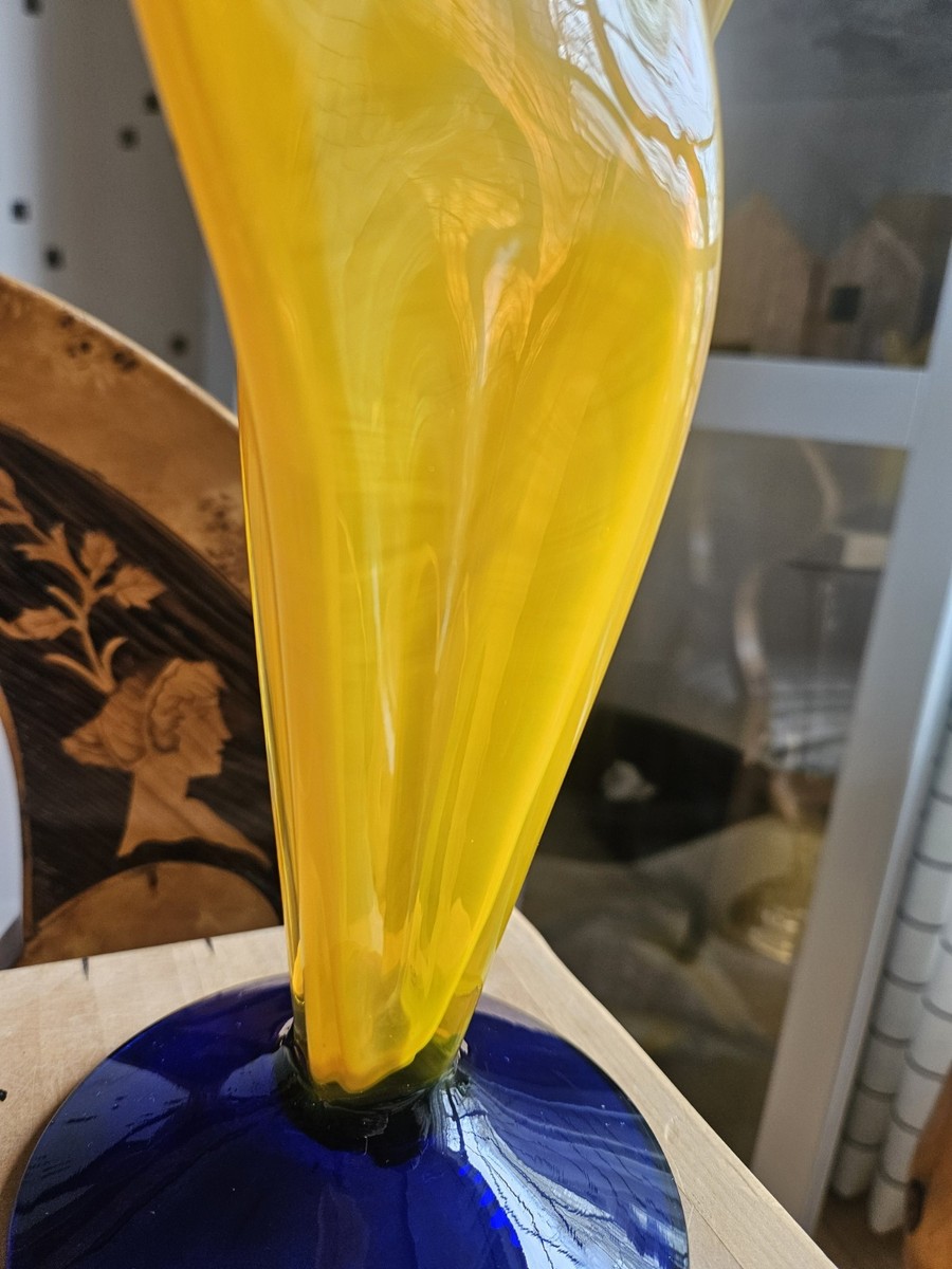 Vintage Blenko Yellow and Blue Fan Art Glass Vase Signed Richard