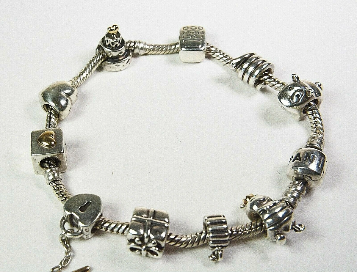 Authentic Sterling Silver Pandora Bracelet with 20 Total Charm/Spacers/Clips