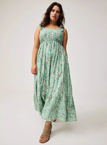 Torrid Maxi Dress Challis Tiered Green Floral NWT New 1X