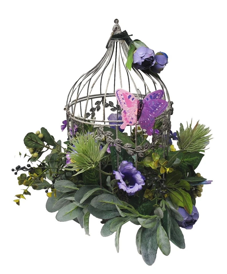 Boda, Decoración del Hogar Arreglo Floral, Antigua Jaula para Pájaros con Flores Púrpura Foto 2 de 4