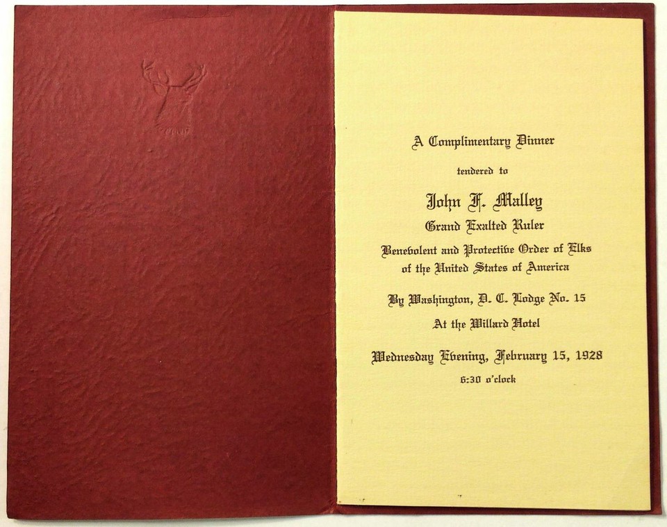 1928 Dinner Menu BPOE ORDER OF ELKS LODGE 15 Willard Hotel Washington