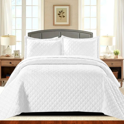 3 Piece Quilted Bedspread Bed Throw Single Double King Size Embossed Bedding Set - Picture 4 of 12
