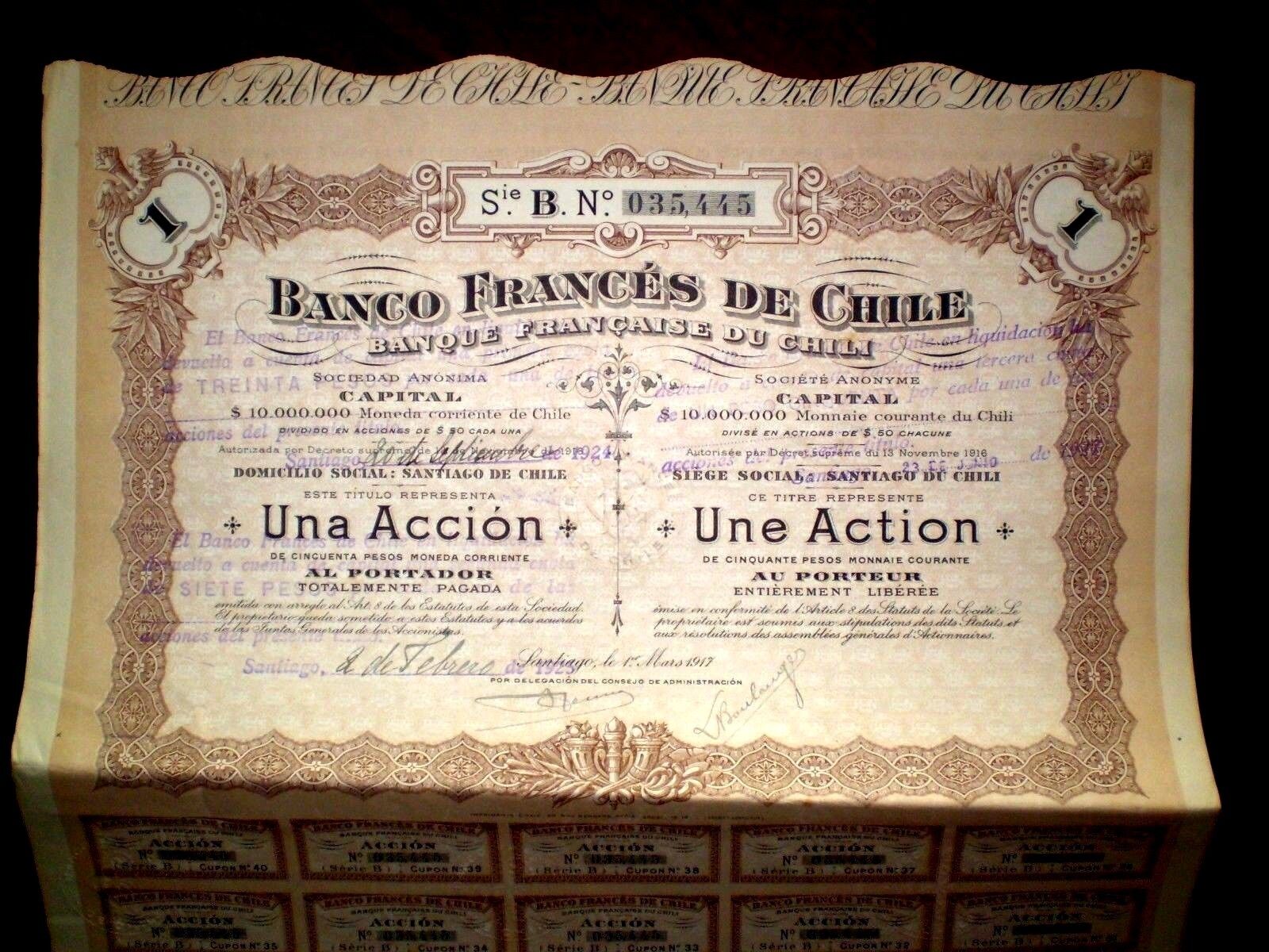 Banco Francés de Chile, certificado de acciones 1917 en muy buen estado