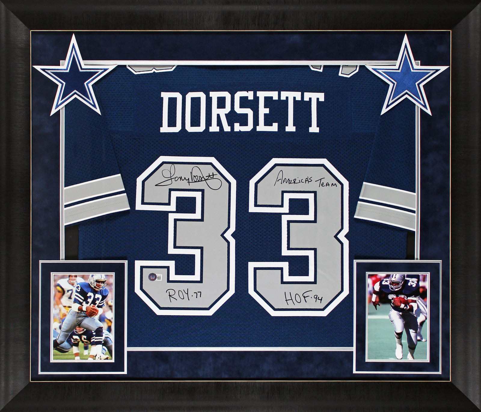Tony Dorsett Autographed Signed Cowboys "3X Insc" Navy Blue M&N Framed Jersey With Grey #S Beckett 