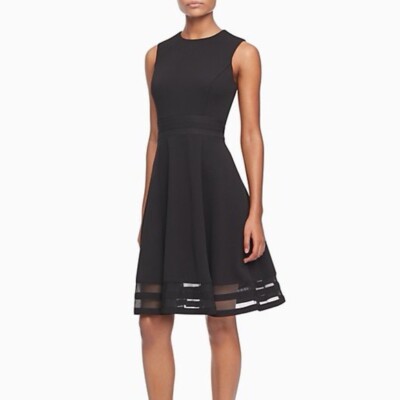Calvin Klein Sleeveless Fit & Flare Mesh Panel Ribbon Stripe Black Midi  Dress 2 | eBay