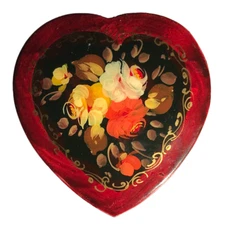 Vtg Red Laquer Floral Brooch Puffy Heart Hand Painted Artist Signed Pin EUC Gift