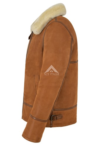 Men's B3 Shearling Jacket Sheepskin Leather Bomber Whisky/Beige Fur Pilot HARBIN - Picture 6 of 9