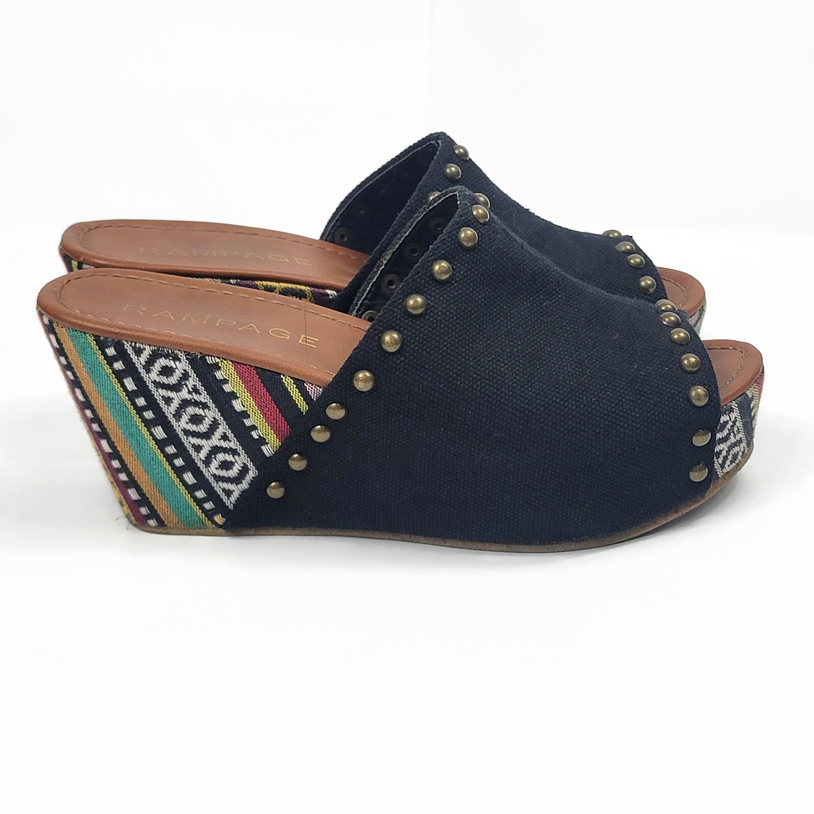 Rampage Wedge Shoes Womens Size Black Canvas Peep Toe Slip On
