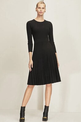 women's london times pleated fit & flare sweater dress THE FOLD London Bouverie Dress Feminine Fit & Flare Pleated Midi Black Sz M