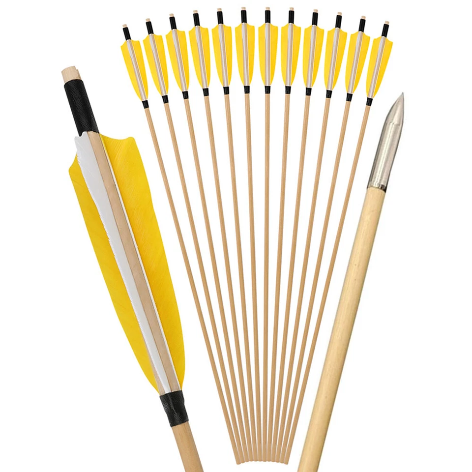 32" Archery Wooden Arrows 5" Feather Handmade Traditional Bow Longbow Hunting - Image 3 of 4