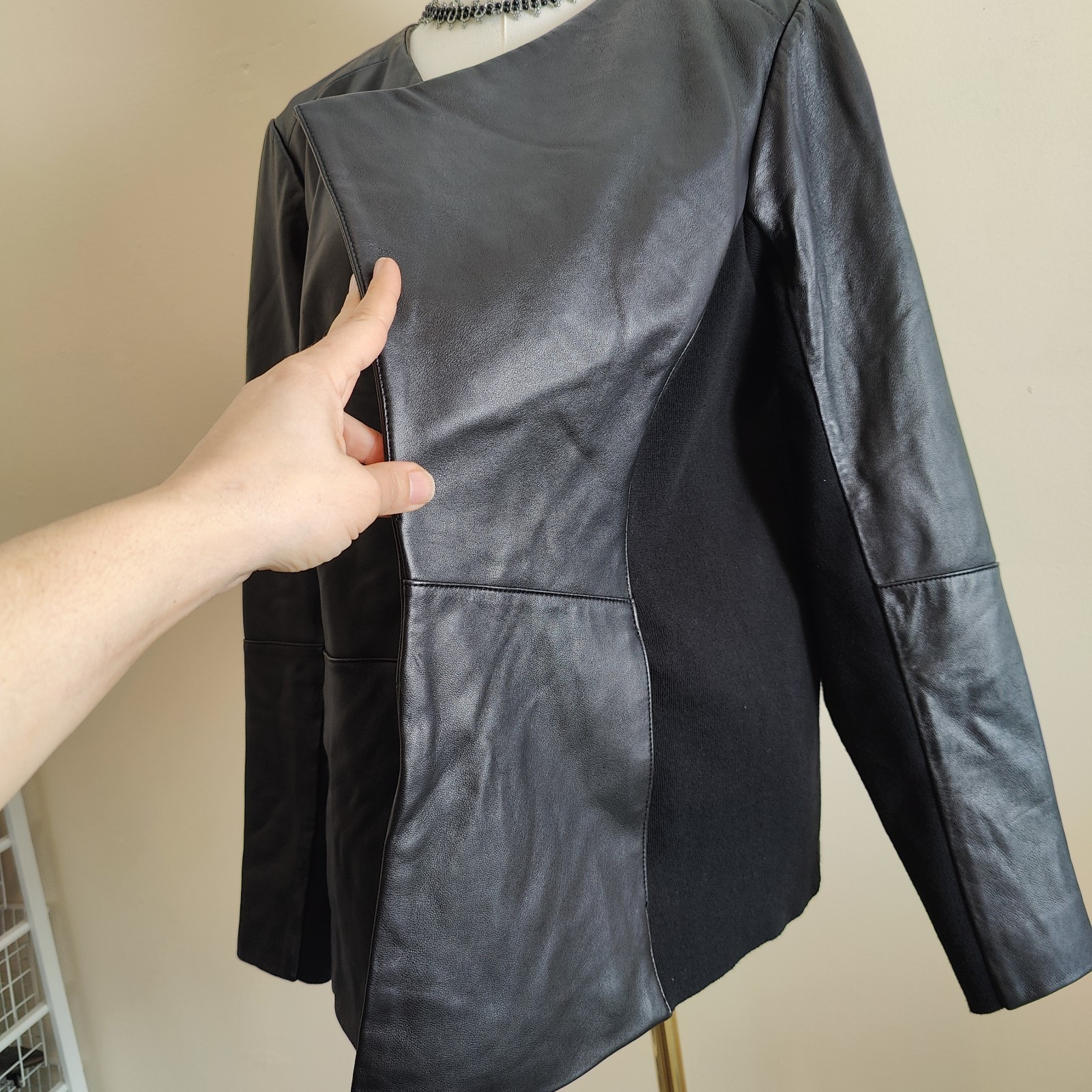 H by Halston Soft Black Leather Open Front Jacket w Stretch Knit Sides 20W