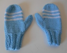 HAND KNIT GRL'S MITTENS LIGHT BLUE WITH WHITE STRIPES 6-8