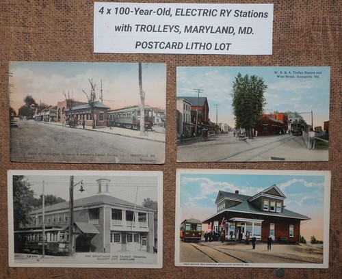 4x 100 Year Old ELECTRIC RY Stations with TROLLEYS, MARYLAND, POSTCARD LITHO LOT