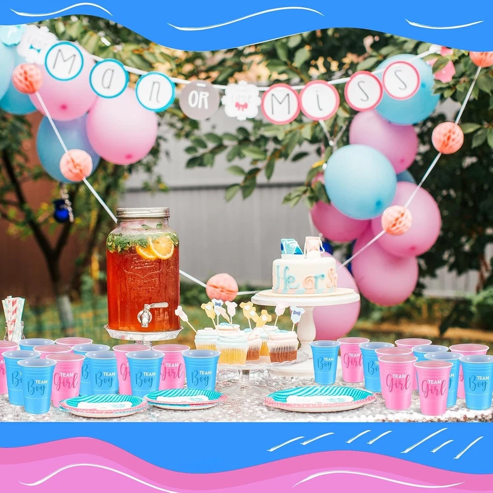 Tazas de plástico desechables de 48 piezas para baby shower de género Foto 4 de 4